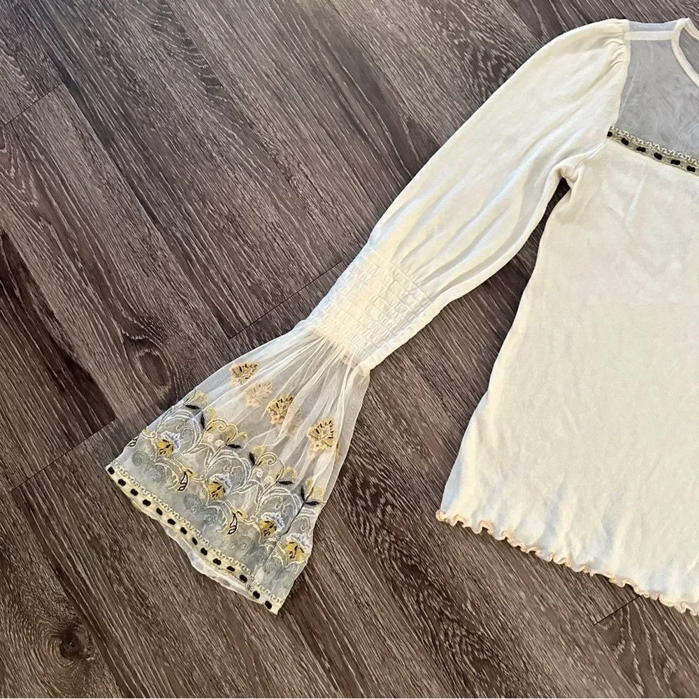 Free People Ivory High Tides Cotton Knit Embroidered Mesh Bell Cuffs Top